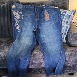 Zana Di Blue Cropped Jeans with Embroidered Floral Accent